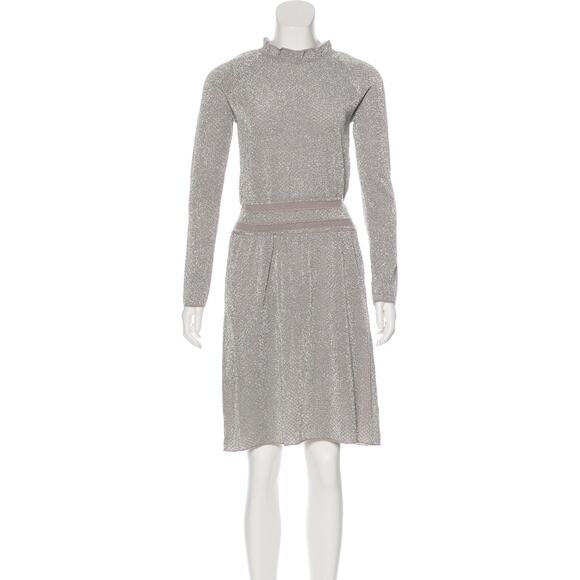 Tory Burch Silver Shimmer Isabelle Metallic Knit Long Sleeve Blouson Dress XS - Picture 4 of 9